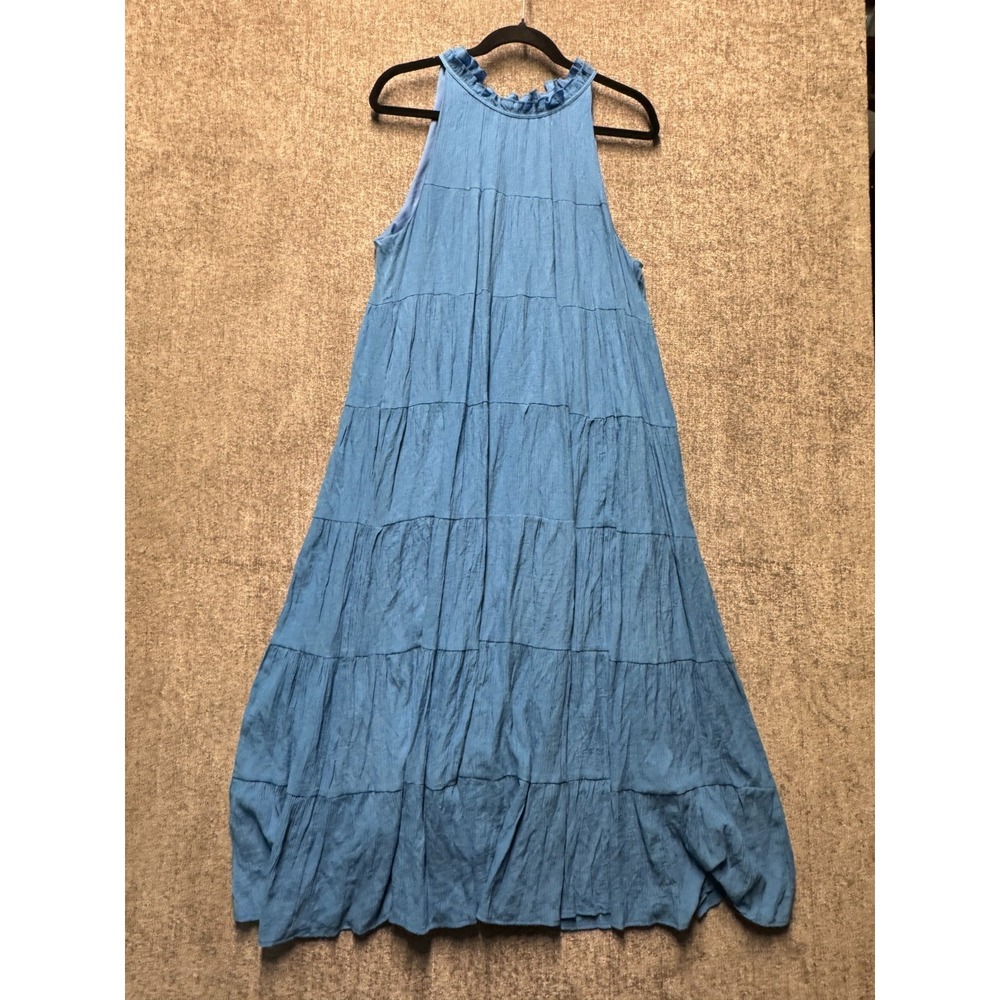 Entro Blue Tiered Maxi Dress Ruffle Neck Sleeveless Boho Cottagecore L